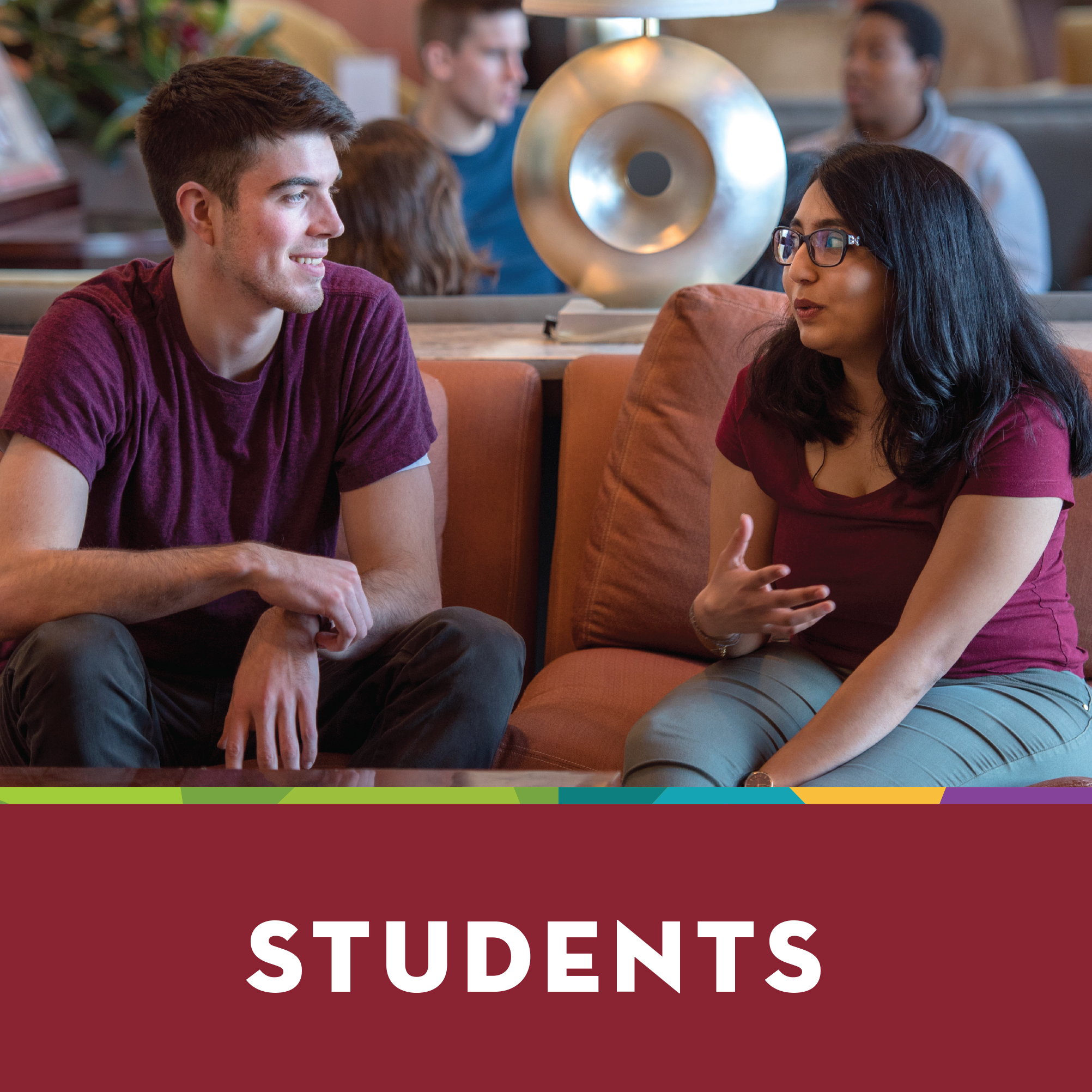 Image of students speaking to each other, text box says Students